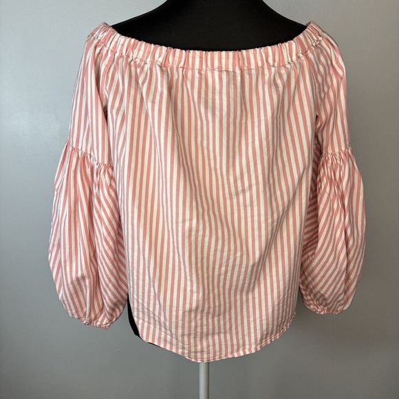 Michael Kors Top Sz M Oxford Off The Shoulder Striped Balloon Sleeve Cotton - Picture 5 of 5